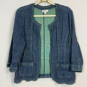 Coldwater Creek Blue Linen Blend Open Front Jacket Green Stitching L